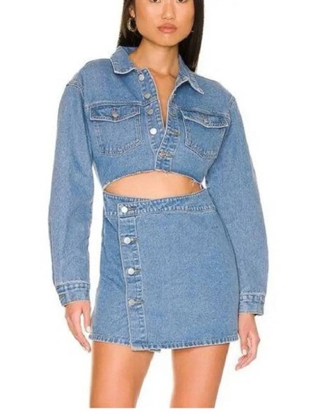 NWOT Blue Blush Denim Long Sleeve Button Front Mini Dress Midriff Cutout Sz Sm